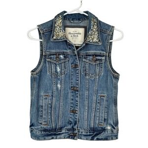 Abercrombie & Fitch Sequin Denim Vest Women XS Blue Embellished Distressed